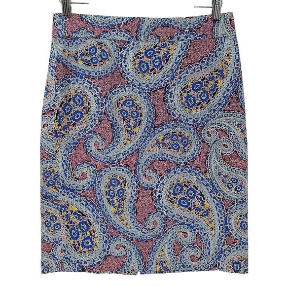 J. Crew Red Blue Paisley Pencil Skirt Lined Midi Size 8 - Picture 3 of 7